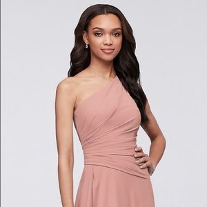 David’s Bridal One-Shoulder Georgette Cascade Bridesmaid Dress in Ballet